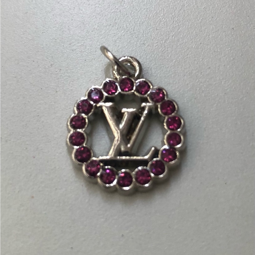 LV Pink Rhinestones Stamped Zipper Pull Charm Silver Tone Round - Picture 6 of 6
